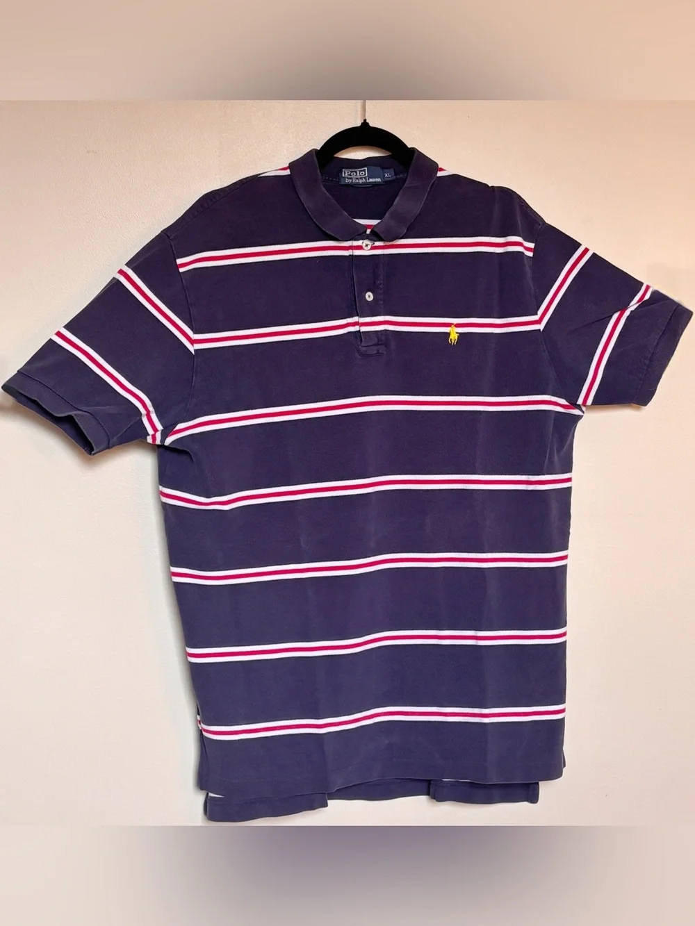 Men’s Polo by Ralph Lauren Navy Polo with White and Red Stripes size XL